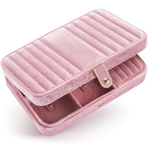 VELORIA Travel Jewelry Organizer with Hidden Compartment, Rose Pink Velvet