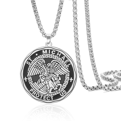 VASSAGO Saint Michael Necklace Stainless Steel St Michael Archangel Protect Us Medal Necklace for Men Women Religious Amulet Jewelry Gift Silver