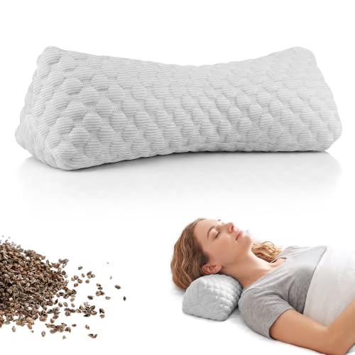 Buckwheat Cervical Pillow, Adjustable Neck Support Pillow for Sleeping, Organic Buckwheat Hull Pillow, Firm Breathable Neck Roll Pillow with Removable Cover for Back and Side Sleepers Grey