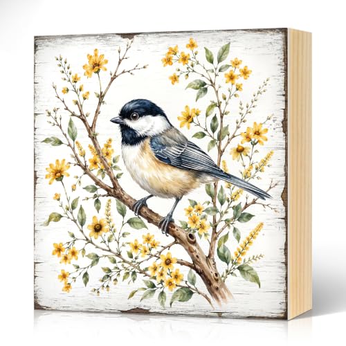 Chickadee Garden With Flowers Wood Block Plaque Box Sign 5.9 * 5.9 white076