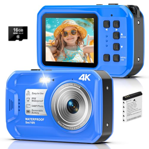 4K Underwater Camera, 64MP 16FT Waterproof Camera, 16GB Card, Blue