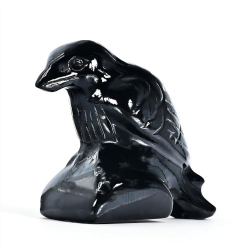 Obsidian Raven Sculpture Small Crystal Crow Figurine 1.57” for Home Decor, Healing Crystals Stone, Spiritual Totem Gift Raven-b