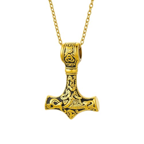 Viking Thors Hammer Mjolnir Urn Necklace for Ashes, Celtic Nordic Cremation Jewelry, Memorial Keepsake Pendant for Men Women Gold