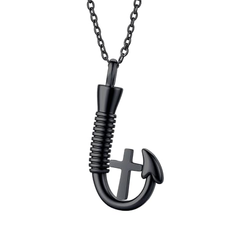 Fish Hook Cross Urn Necklace for Ashes Fishing in Heaven Memorial Cremation Jewelry Keepsake Pendant for Women Men Black
