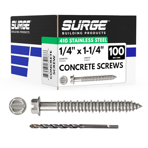 1/4" x 1-1/4" hex 410 stainless steel concrete screws with bit, box of 100, SURGE BUILDING PRODUCTS