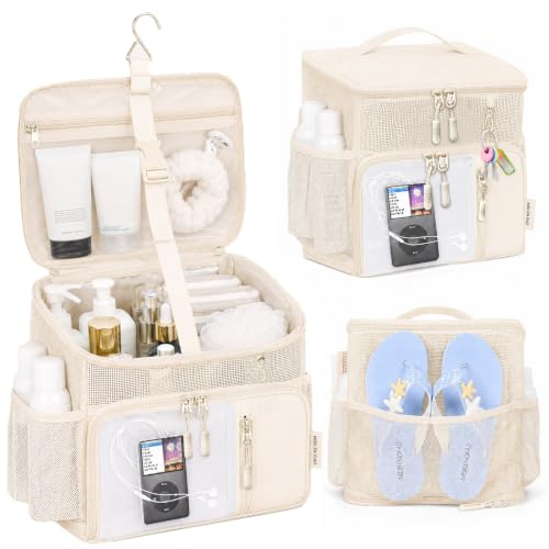 Shower Caddy Portable,Mesh Shower Tote for Bathroom, Gym, Travel, Bath Camping - Quick Dry Hanging Organizer Toiletry Bag with Handle for College Dorm Room, Men & Women (Beige) Beige