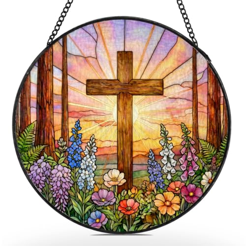 Christian Cross Stained Glass Window Hanging 5.9x5.9in Crucifix