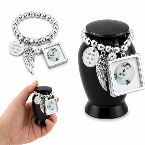 Small Keepsake Cremation Urn for Human or Pet Ashes, 2.75" Mini Memorial Urn with Photo Frame, Velvet Bag and Filling Spoon, Small Sharing Urn for Ashes, Black