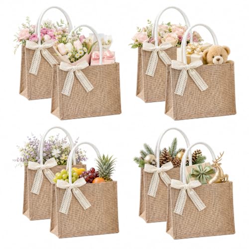 Lifory small beige burlap tote bag with handles and removable lace bows, reusable grocery bag for weddings and events.