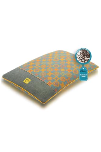 Buckwheat Pillow Travel Size, Adjustable Height Buckwheat Hull Pillow Ergonomic Neck Support Pillow with Washable Jacquard Zipper Cover 14x20, Cooling Pillow for Side Back Sleepers, Slate Blue Blue-14x20"