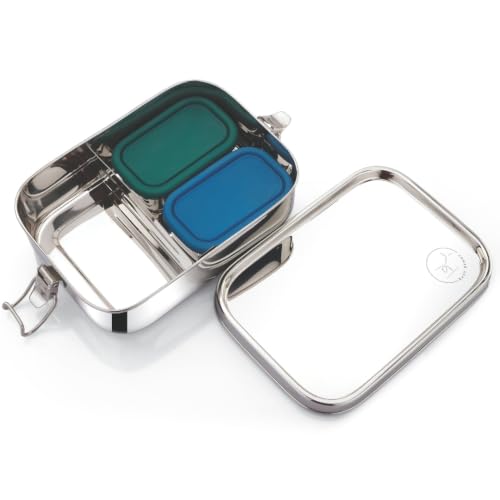 Leakproof Stainless Steel Lunch Box | Large 1400mL Bento Box with 2 Snack Containers & Removable Divider | Dishwasher Safe | Non-Toxic