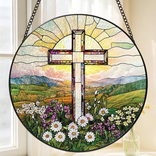 Cross Decor Suncatcher, Christian Stained Glass Window Hanging, 8 Inch Cross Wildflowers Sun Catchers Indoor Window Decorations, Suncatchers for Windows Hanging, Religious Home Decor Cross Stained Glass