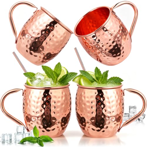 TINSKY Moscow Mule Mugs with Handles 16oz 4 Set Pure Copper Cups for Drinking Hammered Copper Glasses, Welded Handles 4 Straws for Cocktails, Beer, Cold Drinks, Party, Gift Giving