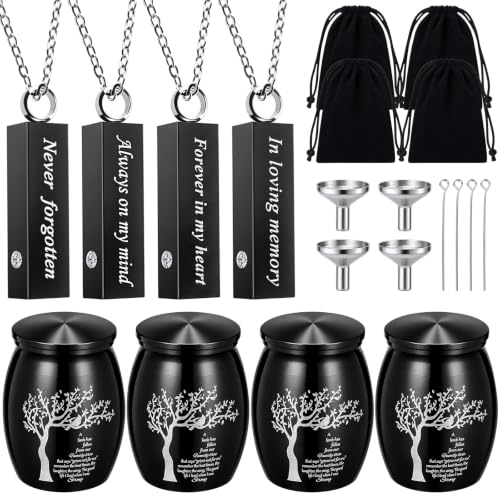 4 Sets 3 Inches Small Urns for Human Ashes, Urn and Necklace Set, Black