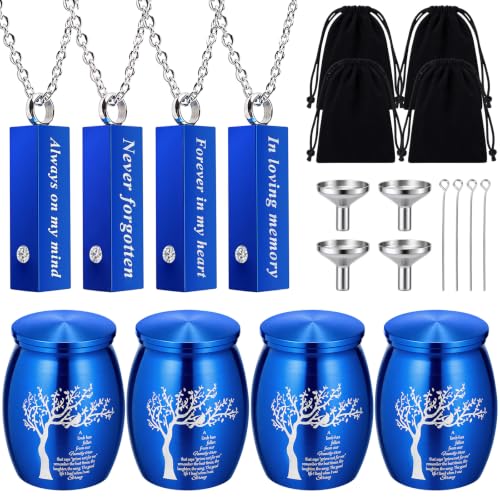 4 Sets 3 Inches Small Urns for Human Ashes, Urn and Necklace Set, Blue