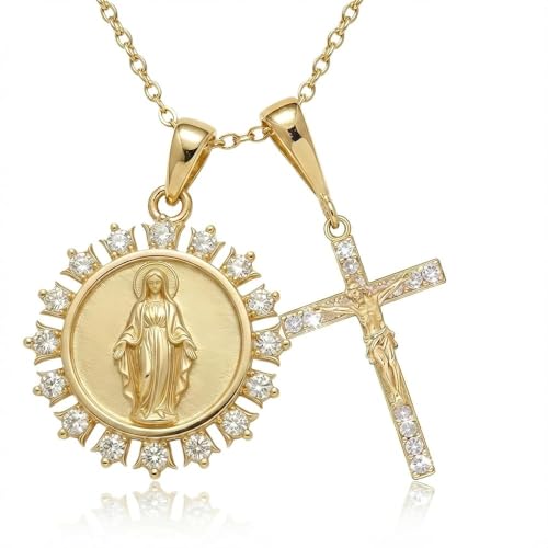 14K Gold Plated Virgin Mary Necklace for Women, S925 Sterling Silver Miraculous Medal Necklace for Mom, Cross Pendant, Baptism Jewelry Gift for Her Gold 8
