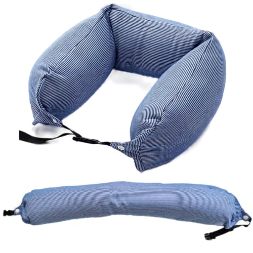 Microbead Sleep Head Pillow Portable Travel Neck Pillow, Breathable Soft Stretchy Fabric for Plane, Car, Office & Home Naps (Blue) Blue Stripes
