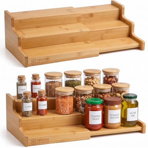 2 Pack Spice Rack, 22" Extra Long Kitchen Pantry Organizer, 3-Tier Expandable Bamboo Wooden Rack Organizer for Cabinet - Multi-purpose Cupboard Storage Organizer Bamboo 2Pack