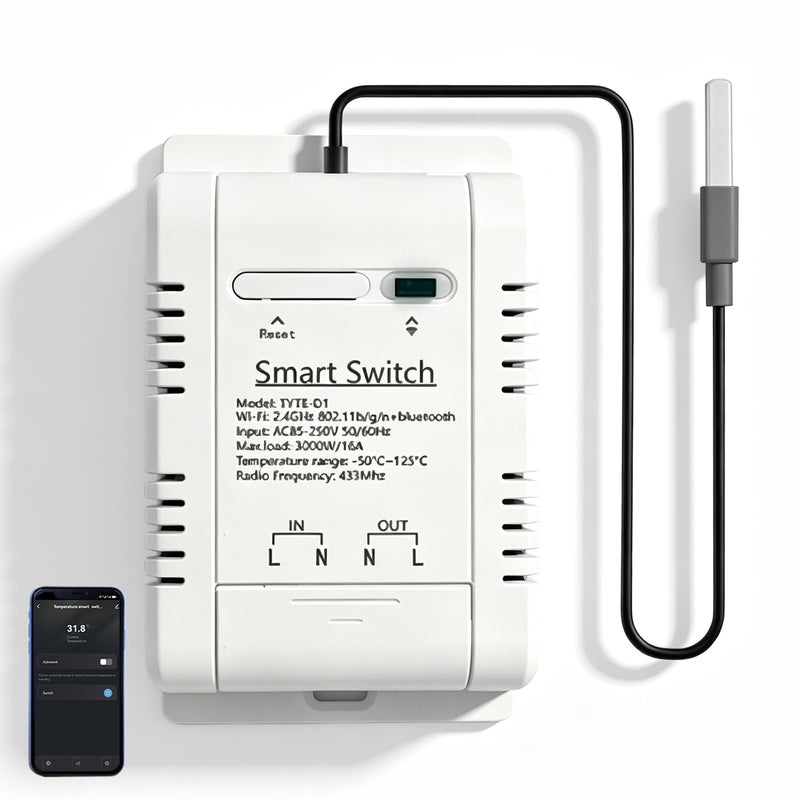 WiFi Temperature Controller Sensor Module: White 1M Sensor Tuya Smart Life App Control, Time and Scene Control 16A 3000W with Power Meter, RF433 Temperature Sensor Alexa, for Home