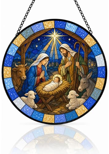 Nativity Set Suncatcher Stained Glass Window Hanging Christmas Nativity Ornament Gifts Christian Religious Gifts for Women Nativity Decor Jesus Sun Catcher Home 6.3 in 6.3 x 6.3 IN