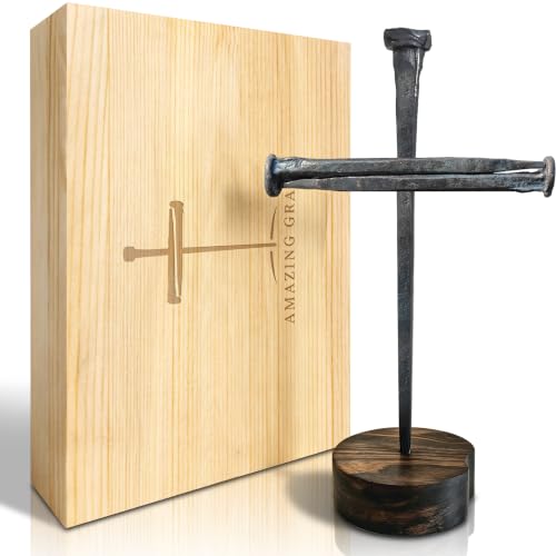 Handmade Iron Cross Decor, 3 Nails Crucifix Cross Statue, Christian Religious Gifts for Men Women, Jesus Cross Tabletop Display, Baptism Gift for Pastor Church Office Home Decoration