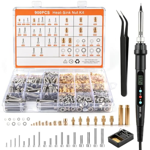 900 Stk Gewindeeinsätze Lötspitzen Set mit Schrauben, Muttern und Unterlegscheiben, Lötpistole & 6 Lötspitzen & 2 Adapter, Lötkolbenständer & Pinzette, M2-M6 Gewindeeinsätze für 3D-Druck