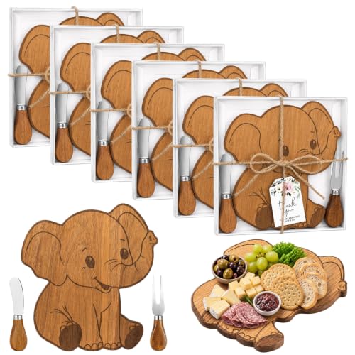 Six-piece Zowekto elephant-shaped cheese board set with knives and forks, made of acacia wood for serving cheese and charcuterie.