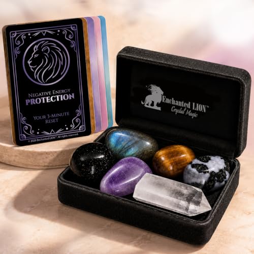 Enchanted LION® Ultra-Premium Ethically Sourced Protection Crystal Set, for Shielding and Peace, Black Tourmaline, Labradorite, Amethyst, Tiger's Eye, Quartz Wand & 3-Minute Ritual Cards + Gift Box