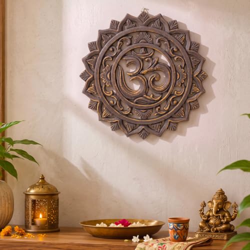 RattanView Wooden Om Wall Decor Hanging Art Bronze Om Round Decoration