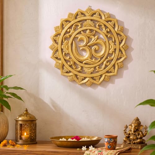 RattanView Wooden Om Wall Decor Hanging Art Golden Om Round Decoration Gold