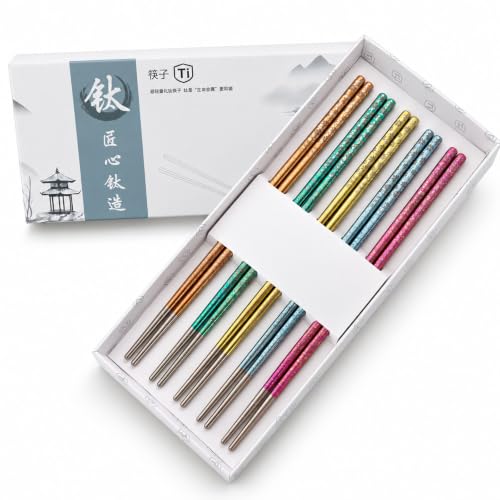 Pure Titanium Chopsticks Set, 5 Pairs Gift Box, Oxidized Crystal Finish, Colorful Oxidized Crystal Floral Pattern, Food-Grade Titanium Construction, Dishwasher Safe for Family Dining and Gifting
