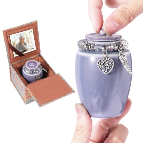 Ceramic Small Cremation Urn for Ashes, Mini Keepsake Urn with Photo Frame & Premium Gift Box, 2.3" x 3.6" (120ml Capacity), Memorial Holder for Home or Columbarium (Purple) Purple