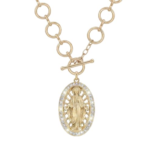 Virgin Mary Necklace Gold with OT Chain, 925 Sterling Silver Miraculous Medal Necklace for Women, Catholic Jewelry Virgin Mary Pendant Mother Mary Necklace Religious Gift Gold-010
