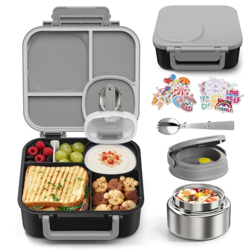 Bento Box for Kids,Leak-Proof Lunch Container with 9oz Insulated Food Jar Black Gray