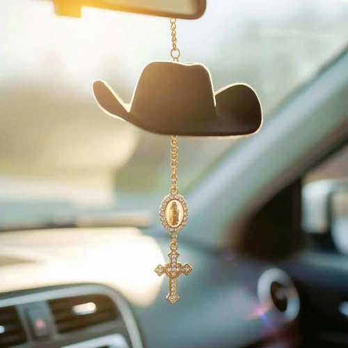 Baptism Car Charm Cowboy Hat Rear View Mirror, Virgin Mary Cross for Car Virgin Mary B