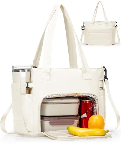 coowoz Lunch Tote Bag for Women,15.6 Inch Work Bag with Lunch Compartment Beige