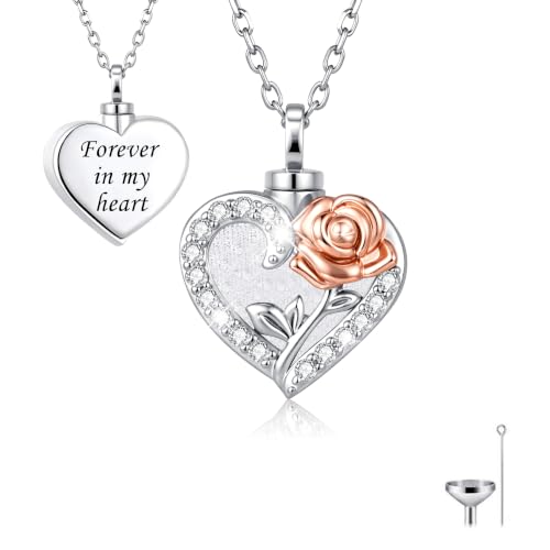 Heart Rose Cremation Urn Necklace for Ashes for Women 925 Sterling Silver