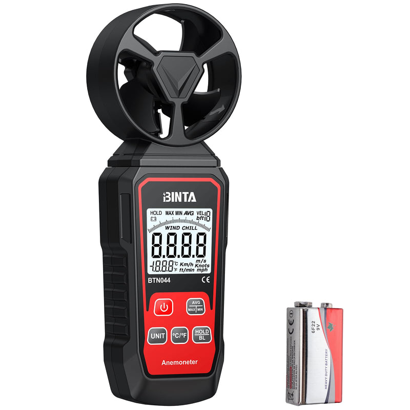 BINTA Digital Anemometer Windmesser digitales Windgeschwindigkeitsmessgerät | Windmessgerät mit Windgeschwindigkeit/Windkühlung, ℃/℉, Max/Min/Durchschnitt/Echtzeitmessung mit Hintergrundbeleuchtung