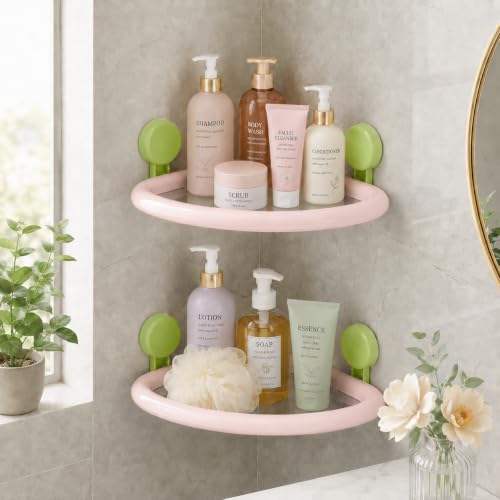 Corner Shower Caddy Suction Cup, 2-Pack Suction Cup Shelves,Pink Pink-2pcs