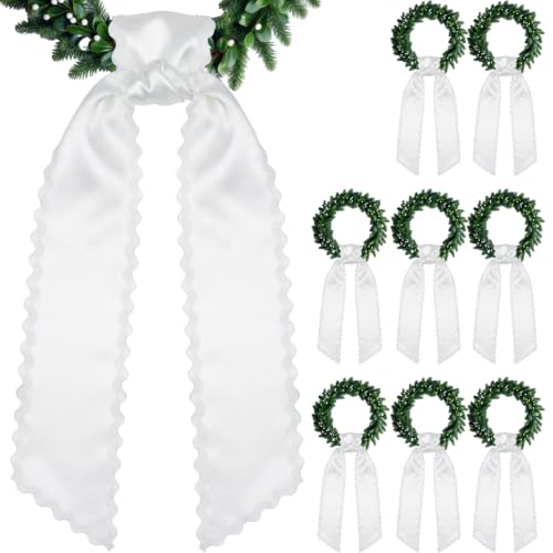 Giegxin 8 Pcs Wreath Sash for Front Door Shiny Blank Wreath Sash for Embroidery Satin Wreathes Sashes with RIC Rac Trim Embroidery Monogram Wreathes Accessory for Wedding Party Decor (White) White
