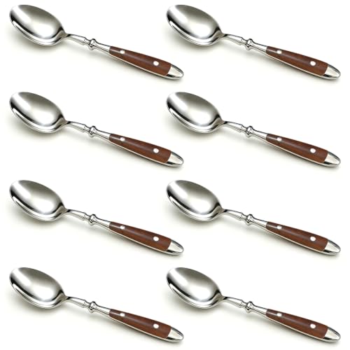 Set of 8 Binchill stainless steel soup spoons with wood grain color handles, dishwasher safe, durable and stylish dinnerware.