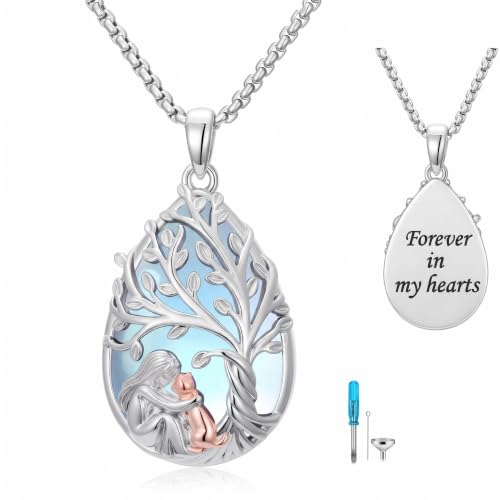Tree of Life Urn Necklace for Ashes/Pet Cremation Teardrop Moonstone Necklace Pendant Jewelry Gifts for Mom Wife Women Birthday Christmas Memorial Day cat-urn