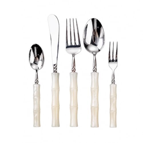 5-Piece White Handle Silverware Set, 304 Stainless Steel Flatware with Knife Fork Spoon Teaspoon Dessert Fork, Mirror Polished Cutlery Elegant Tableware for Home Dining Party Pearl White 5-Piece