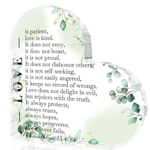 Christian Gifts for Women, Bible Verse 1 Corinthians 13:4-8 - Christian Shelf Decor, Acrylic Heart Decorative with Love, Plaque for Anniversary, Wedding Gifts, Inspiration Religious Gifts for Women Green-6 4.0x4.0 in