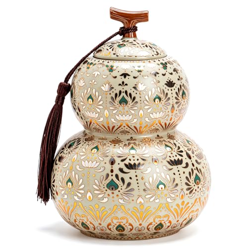 Gold White Porcelain Tea Canister, Gourd-Shaped, Airtight, 22 oz Gold White
