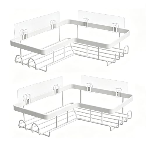 2 Pack L-Shaped Corner Shower Caddy, Rustproof Stainless Steel Adhesive Shower Shelf with Hooks, No Drill Wall Mounted Bathroom Organizer, Shampoo, Soap & Accessories Holder for Shower Storage, White 2