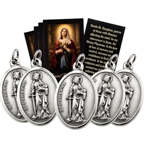 Westmon Works St. Dymphna 5 Medal Necklace Pendants for Women & Men, 1" Silver Oxidized Catholic Patron Saint Charm for Mental Health & Anxiety, Made in Italy – 5 Prayer Cards