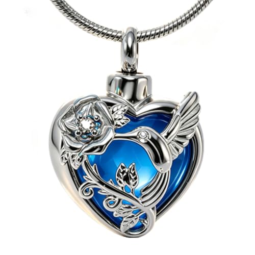 ATOP Hummingbird FlowersHeart Ashes Urn Necklace Stainless Steel Pendant Blue-Silver