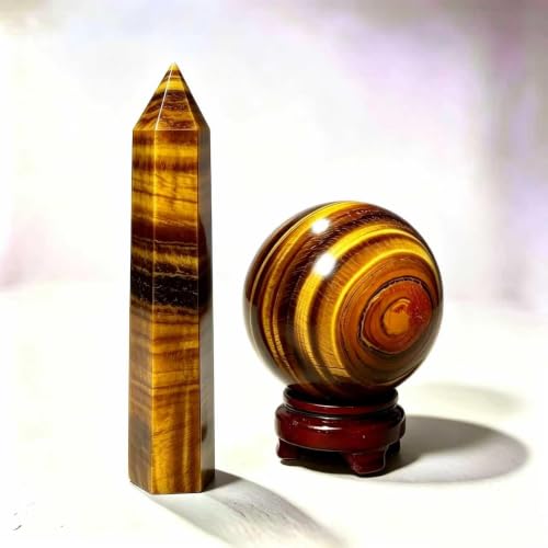 Natural Tiger Eye Crystal Sphere and Column with Base - Spiritual Energy Gemstone Art Piece for Feng Shui Home Decoration（Tower:5.91" Tall, Sphere:1.97‑2.36" Diameter） Tiger's Eye