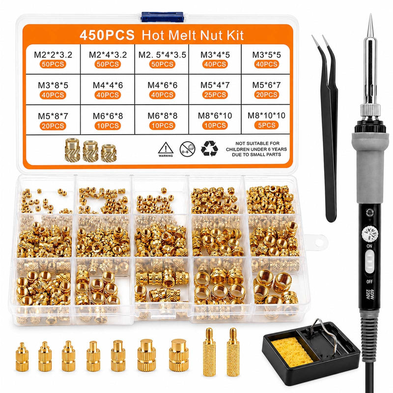 Threaded Inserts M2/M2.5/M3/M4/M5/M6/M8 & Soldering Tips Set 450 | 7 soldering tips and 2 adapters, for melting thread inserts for 3D printing and plastic